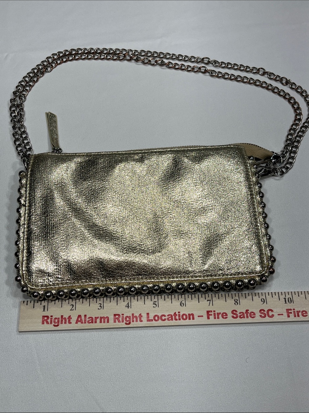 Metallic Gold Leather Crossbody Wallet Bag Gunmetal Chain‎ Strap Studded Trim